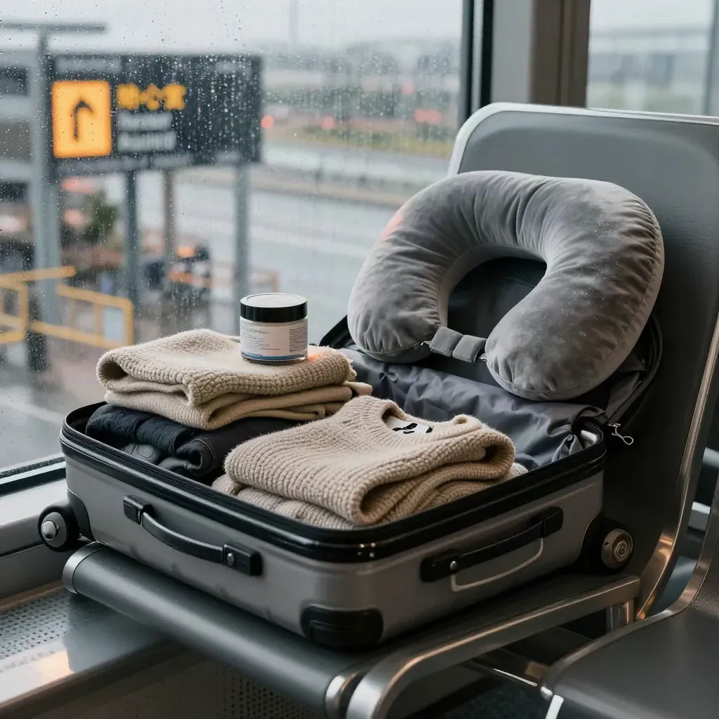 Half-open carry-on with knitwear and travel kit by a rainy terminal window