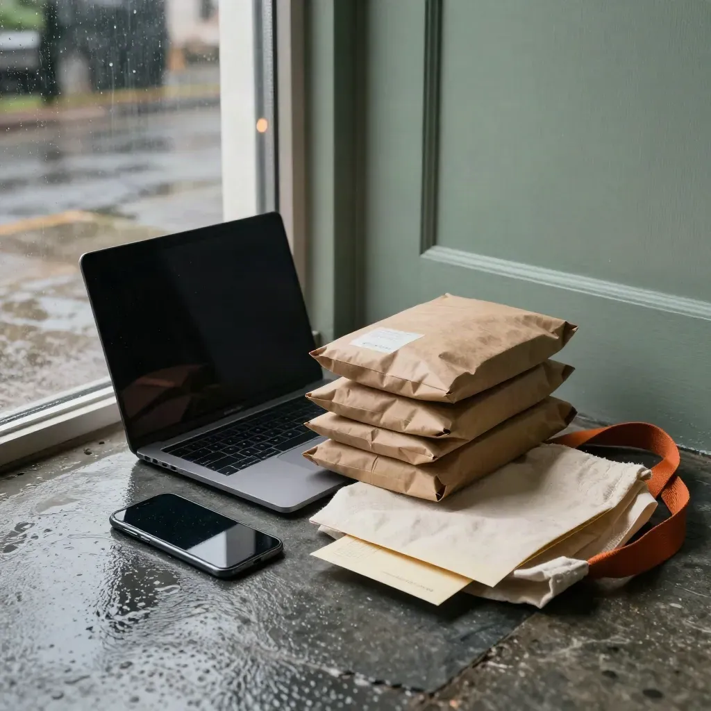 Rain-dark checkout still life with laptop, parcels, phone, voucher envelopes and a reusable tote.