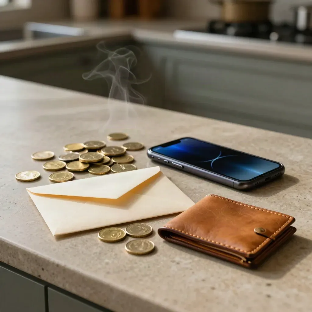 Coins, a sealed envelope, glowing phone and card wallet on a kitchen counter with steam.