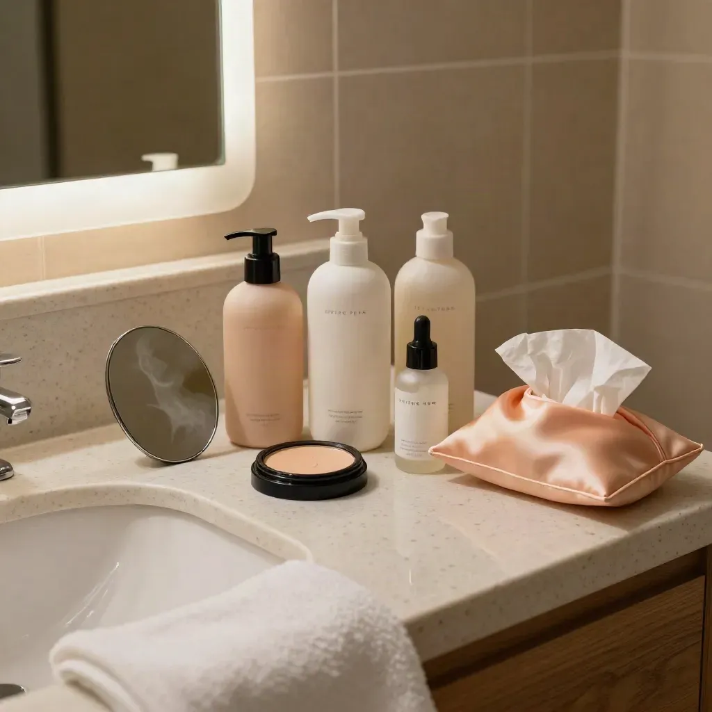 Skincare bottles, compact, mirror, and towel on a steamy travertine vanity.