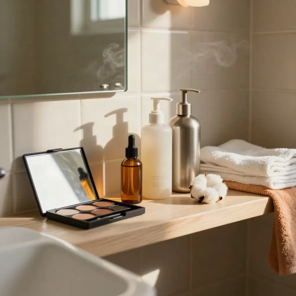 Skincare bottles, a closed palette, mirror, and folded washcloths on a warm bathroom shelf.