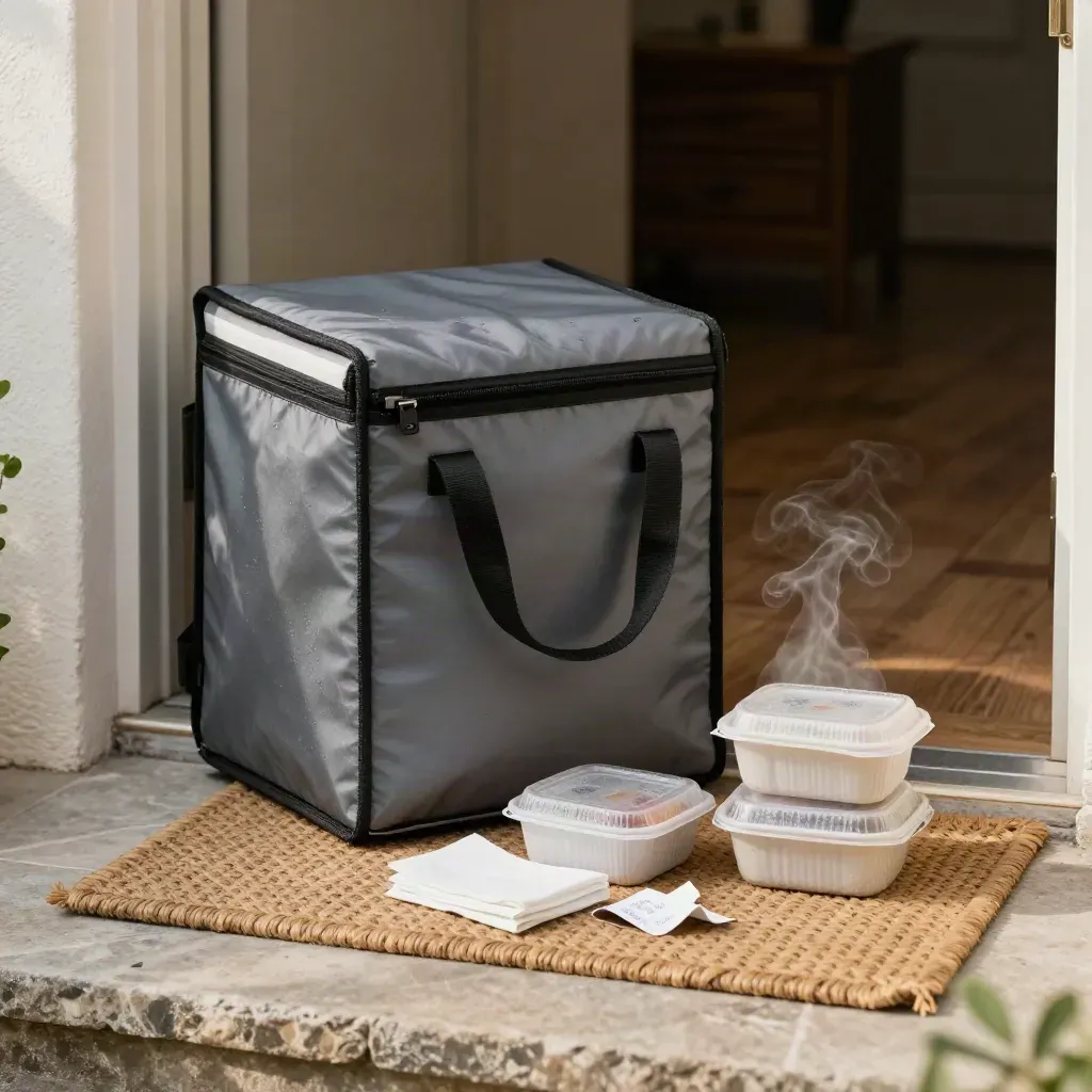 Delivery bag and warm meal containers settling on a doorstep mat with steam rising.